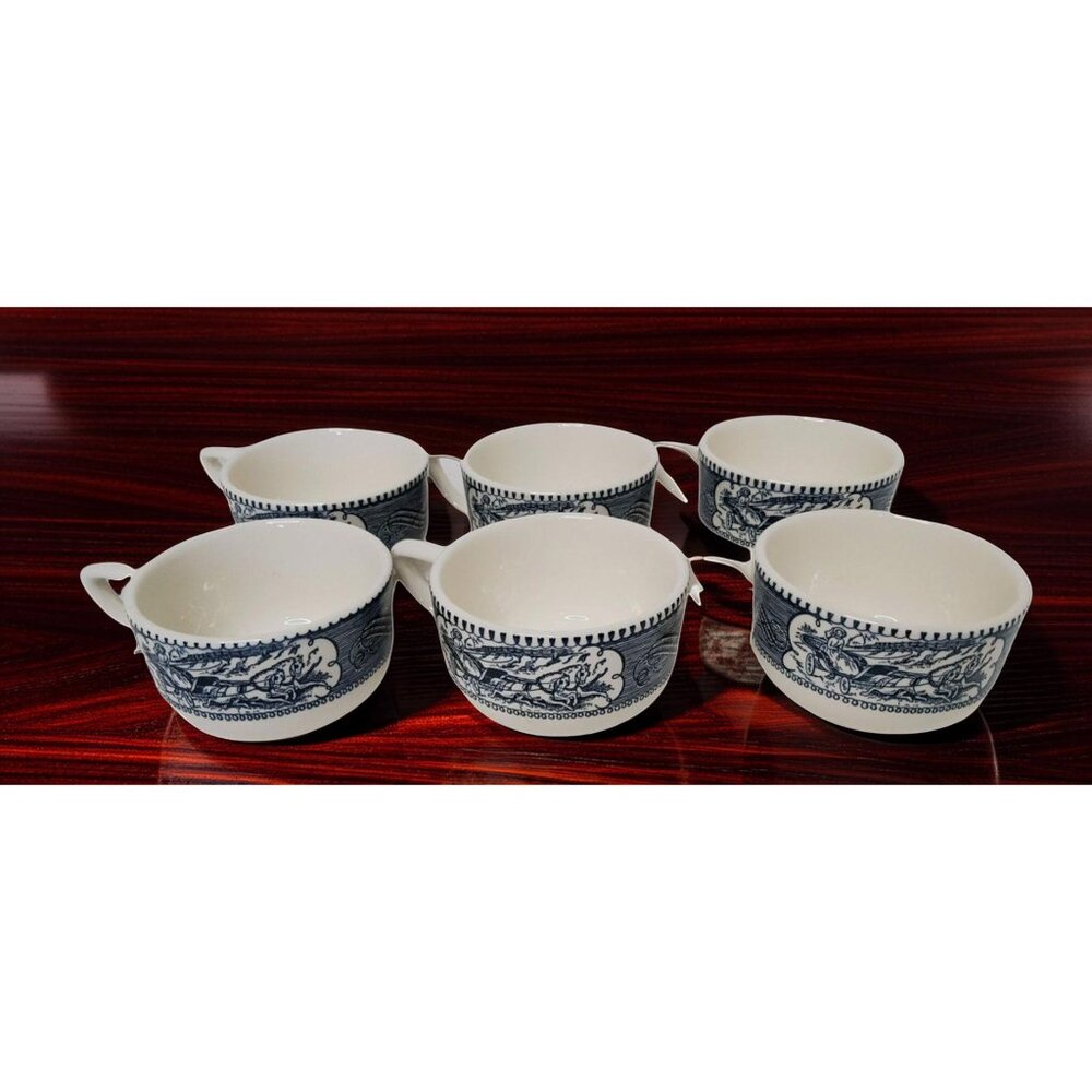 Vintage Royal USA Currier & Ives "Star of the Road" Blue Transferware Tea Cups